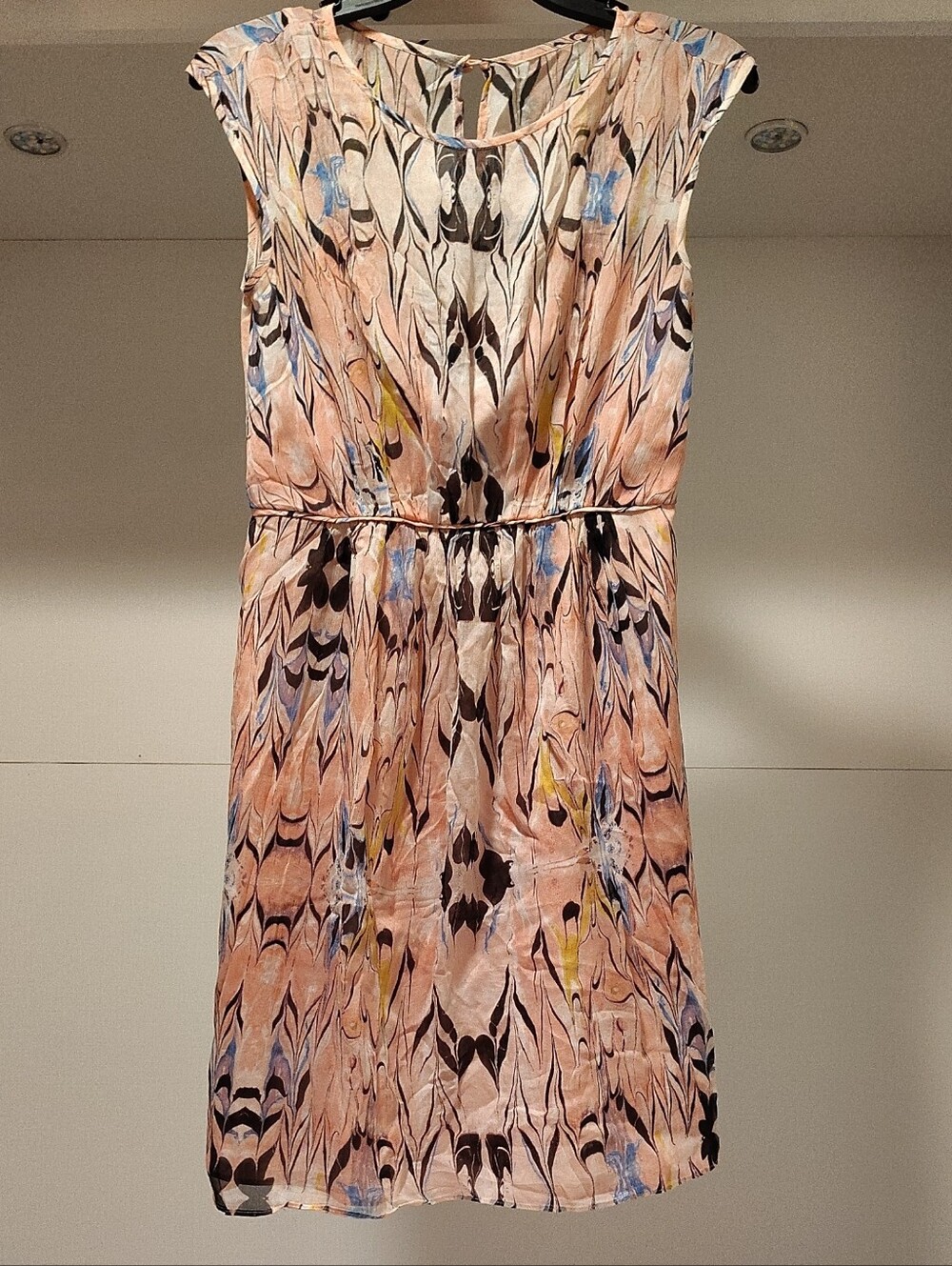 Peach Abstract Tie Waist Layered Dress Size 2